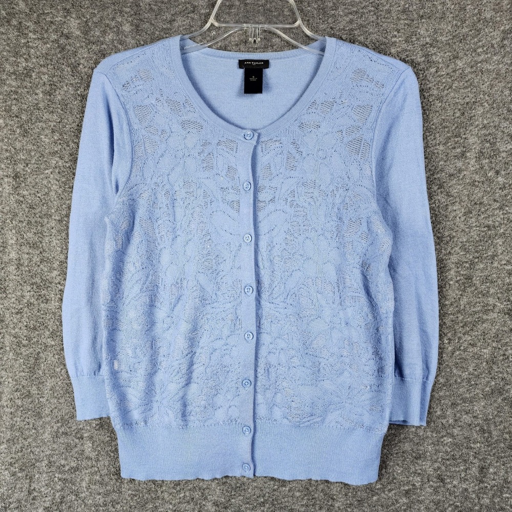 Ann Taylor Cardigan Women S Blue Lace Front 3/4 Sleeve Button Down EUC